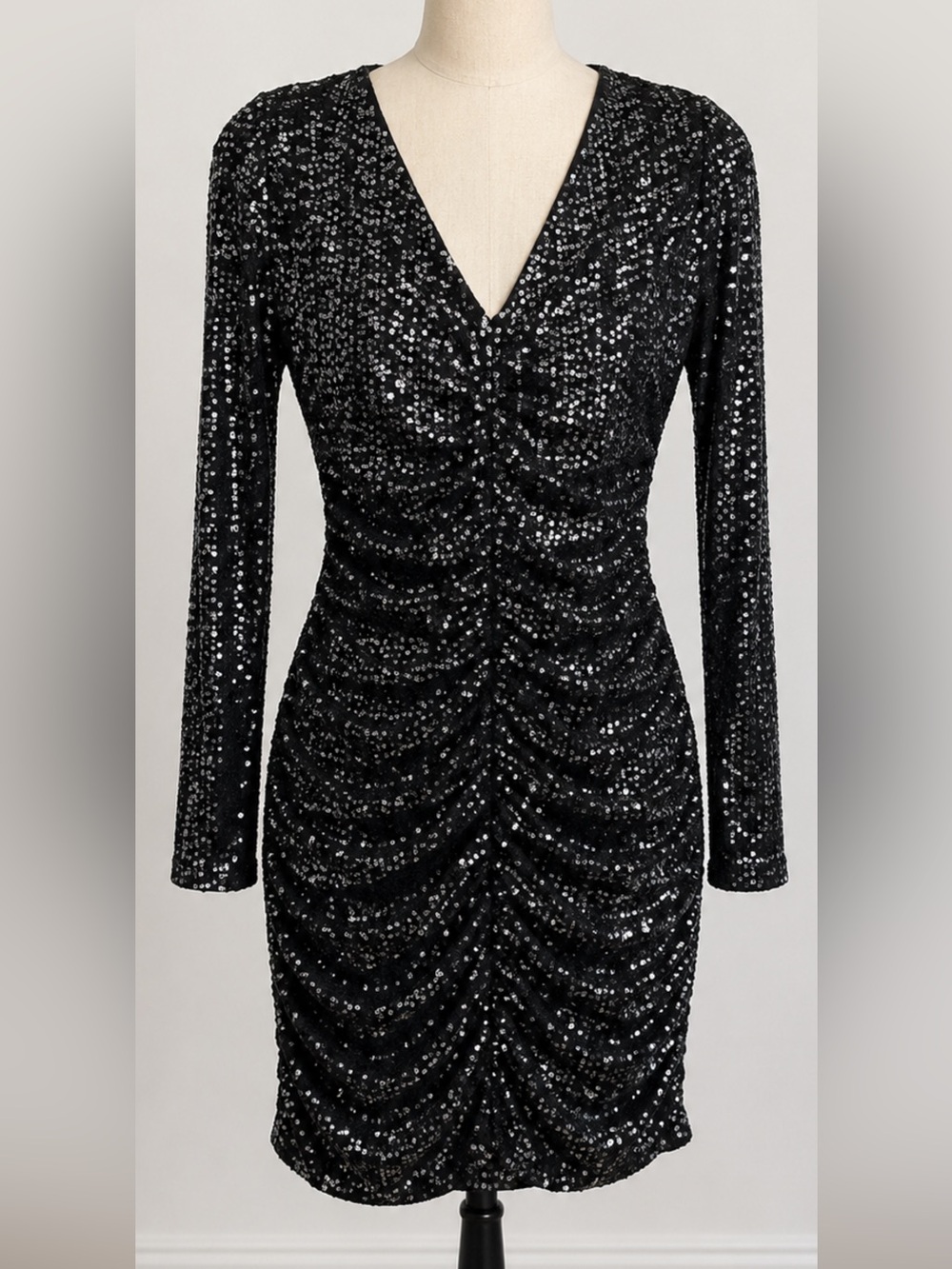 Guess Black Sequin Ruched Long-Sleeve Party Dress